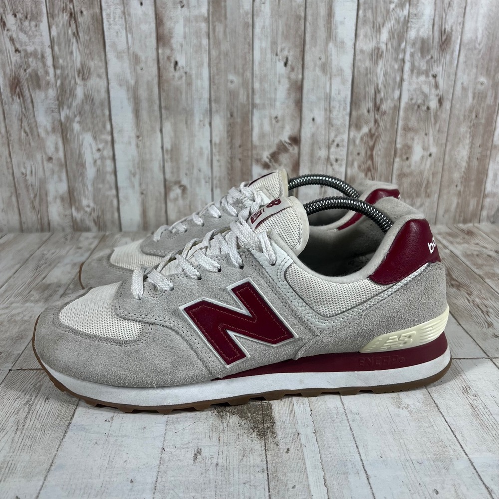 New Balance 574 Mens Grey Burgundy Suede Mesh Sneakers ML574TE2 Size 9.5